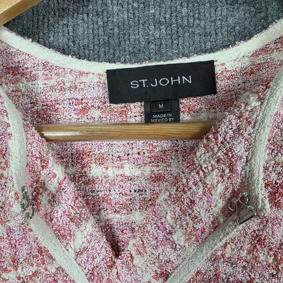St John Jacket M Pink Tweed Knit Cardigan Duster Long Blazer Wool Blend Sweater - Picture 10 of 13